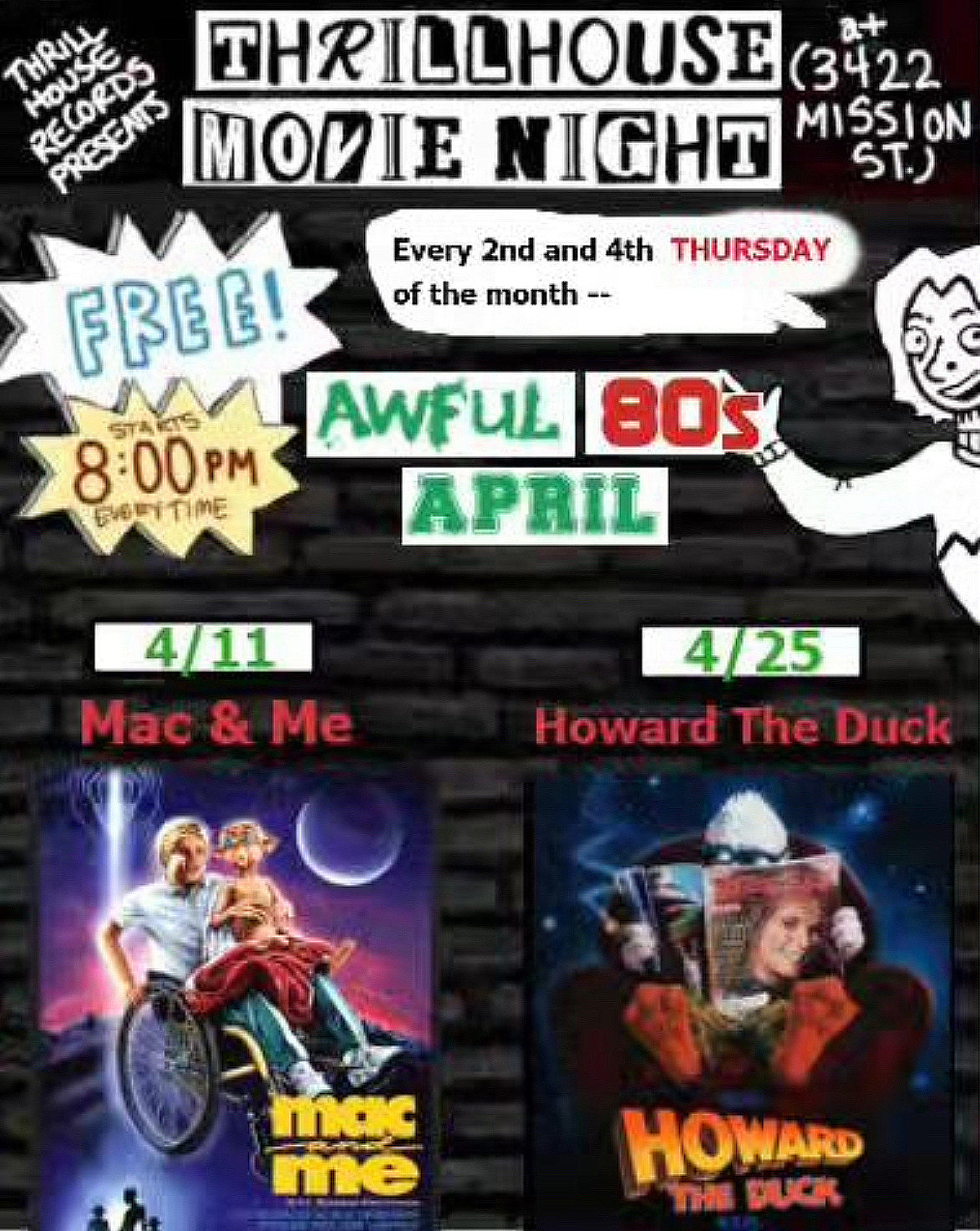 THRILLHOUSE MOVIE NIGHT!  AWFUL 80'S! HOWARD THE DUCK!